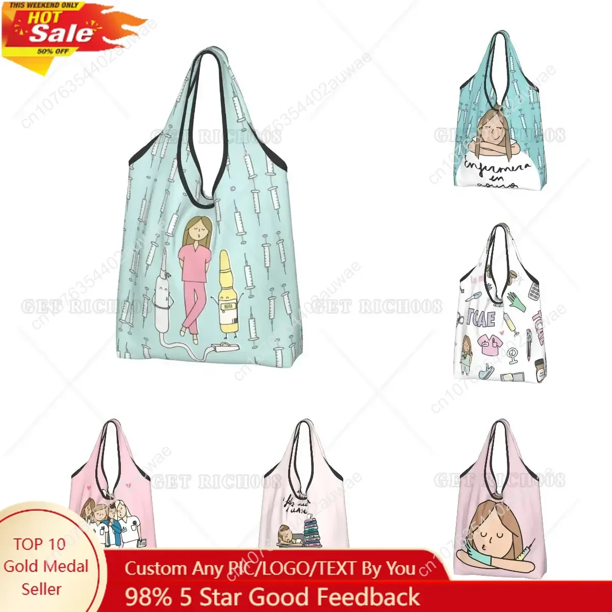 

Cartoon Cute Nurse Doctor Printed Folding Shopping Bag Custom Shopper Tote Shoulder Bag Big Capacity Portable Handbag