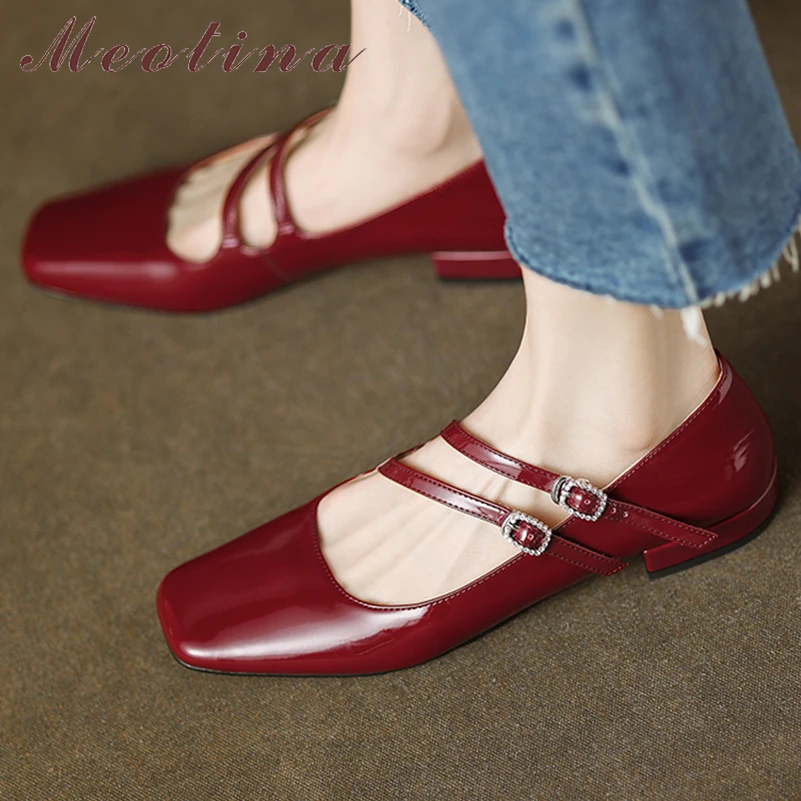 

Meotina Women Genuine Leather Mary Janes Square Toe Flats Buckle Sheepskin Lady Fashion Casual Shoes Spring Autumn Black Silver