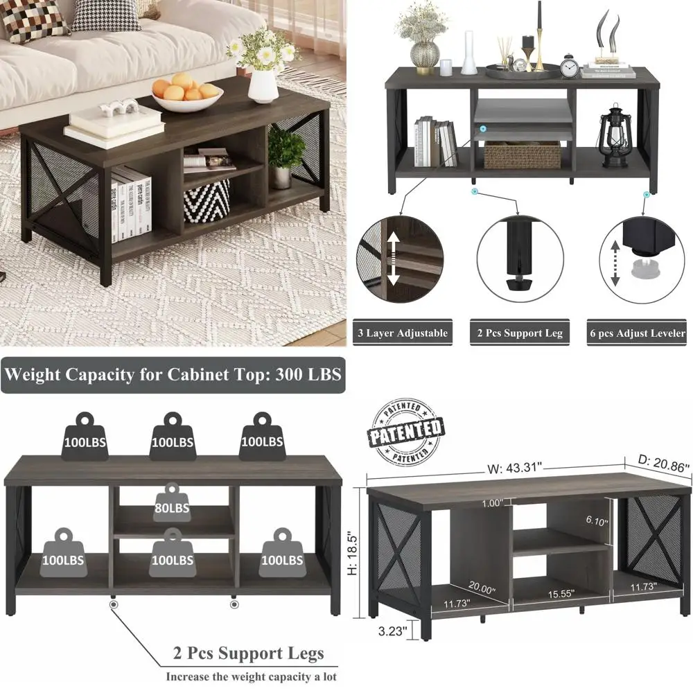 

Rustic Farmhouse Coffee Table, Dark Wood Rectangular Center Table for Living Room, Industrial Style Walnut Cocktail Table