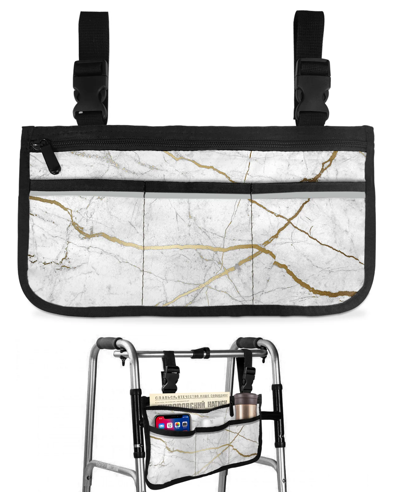 Natural Texture Marble Pattern Wheelchair Bag With Pockets Armrest Side Bags Electric Scooter Walking Frame Storage Pouch