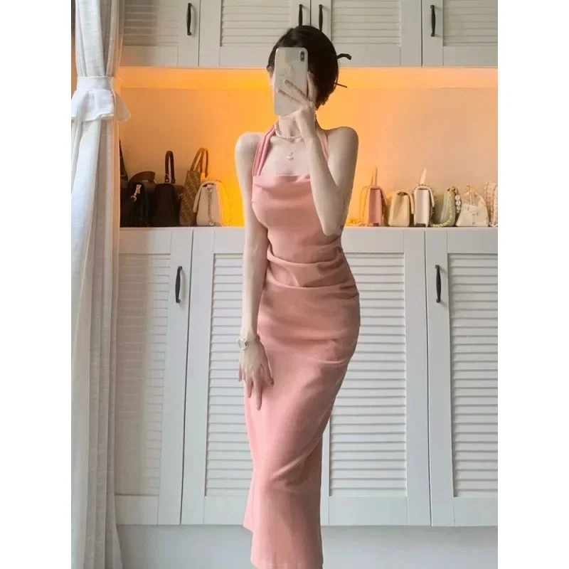 

Pink Sexy Hot Girl Pure Desire Halter Neck Tank Dress Women's Clothing Summer High Cold Princess Style Long Dress High-end Feel