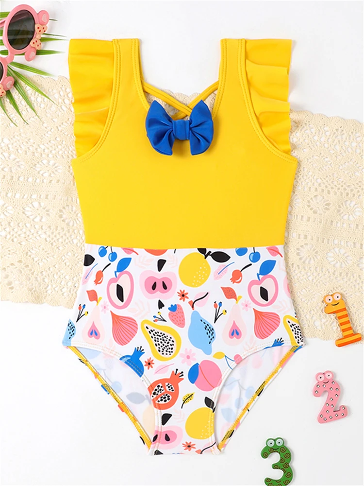 Kids Girls One Piece Swimsuit 2024 New Solid Print Ruffle Bow Sling Bodysuit Children Swimwear Summer Beach Wear Bathing Suits