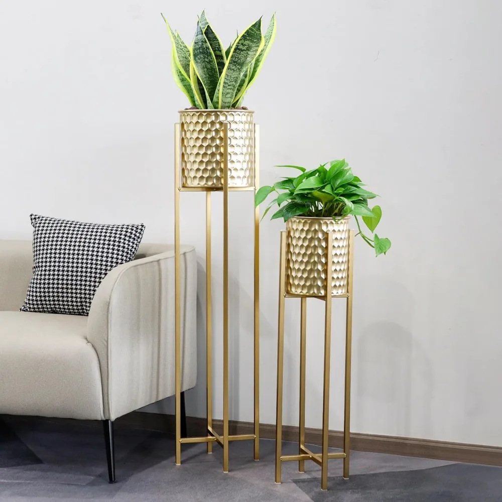 

Set of 2 Planters with Stand Indoor Outdoor Metal Gold Planters for Indoor Plants 30 &40 Tall Morden Planters Flower Po