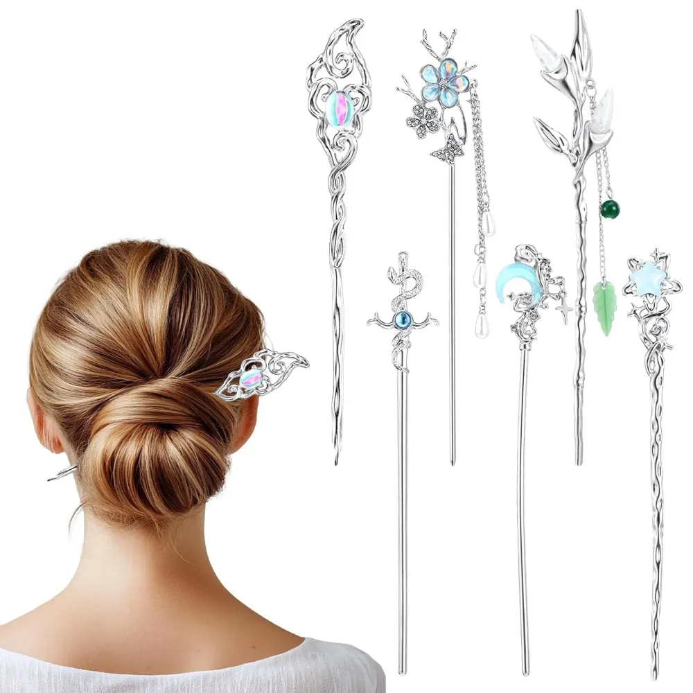 

6 PCS Star Moon Hair Sticks Hair Chopsticks Chinese Hanfu Asian Vintage Hairstick Silver Metal Hairpins Updo Holders for Buns