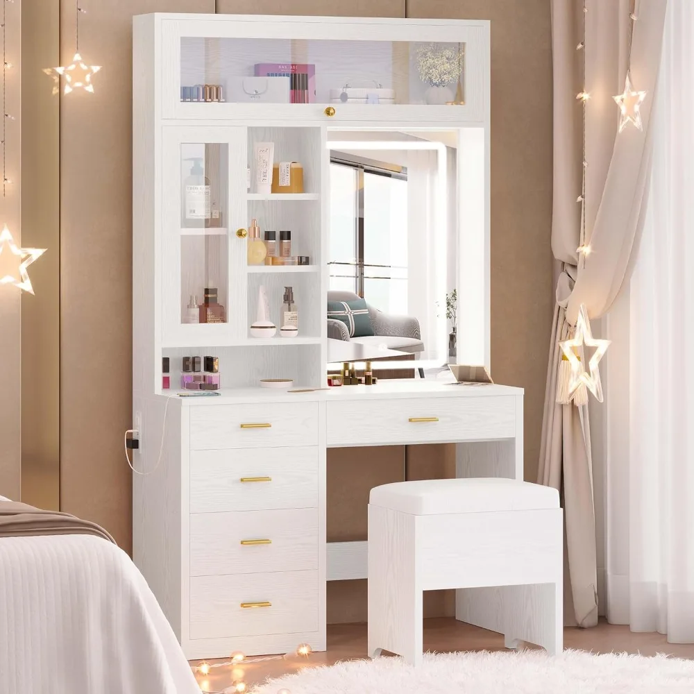 Vanity Desk with Lighted Mirror and 5 Drawers and Cabinet Shelves, 74.4