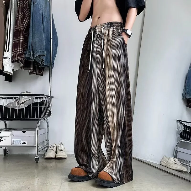 Color block drape ice silk pants men trendy American hiphop couple pants summer loose wide leg casual floor mop chic ins pants