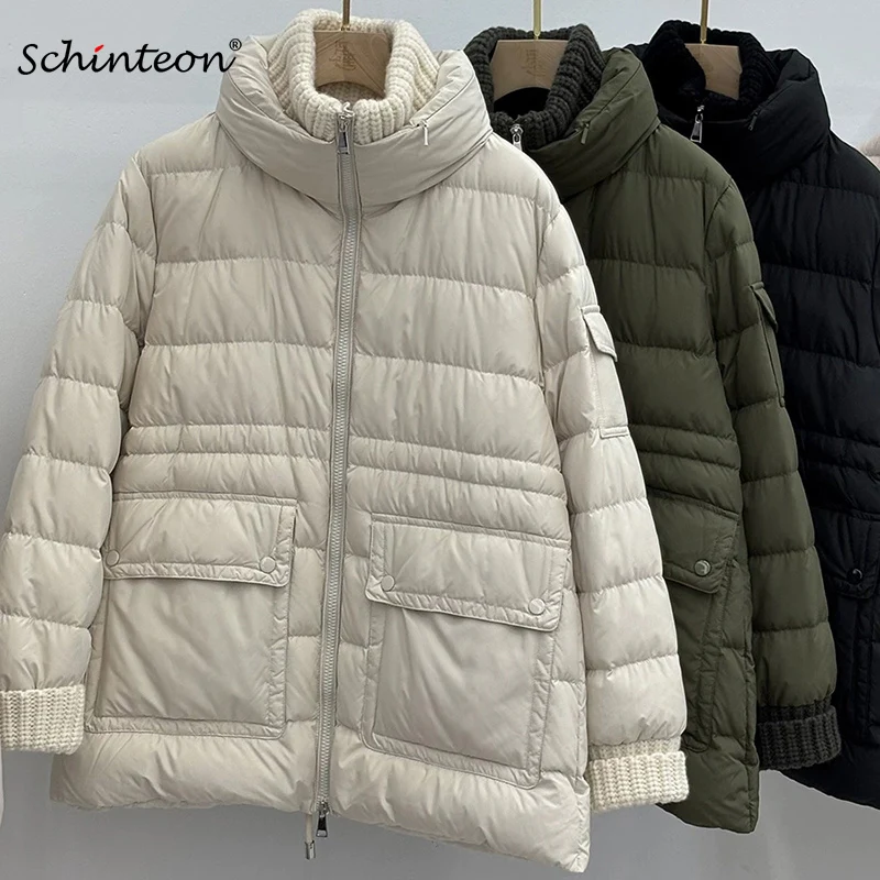 

Schinteon Women's White Duck down Jacket Patchwork Knitwear Stand Collar Casual Loose Coat Warm Autumn Winter Outwear 2025 New
