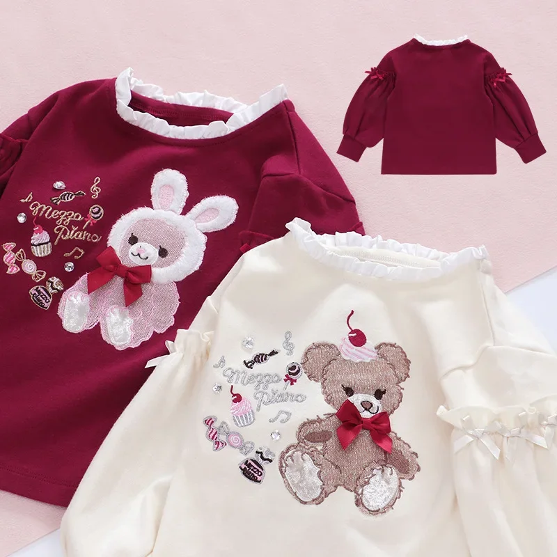 2023 Spring & Autumn  Pianist Kids Clothes Girl Cartoon Bunny Bear Embroidered Lace Collar Long Sleeve T-Shirt Top 2 Colors