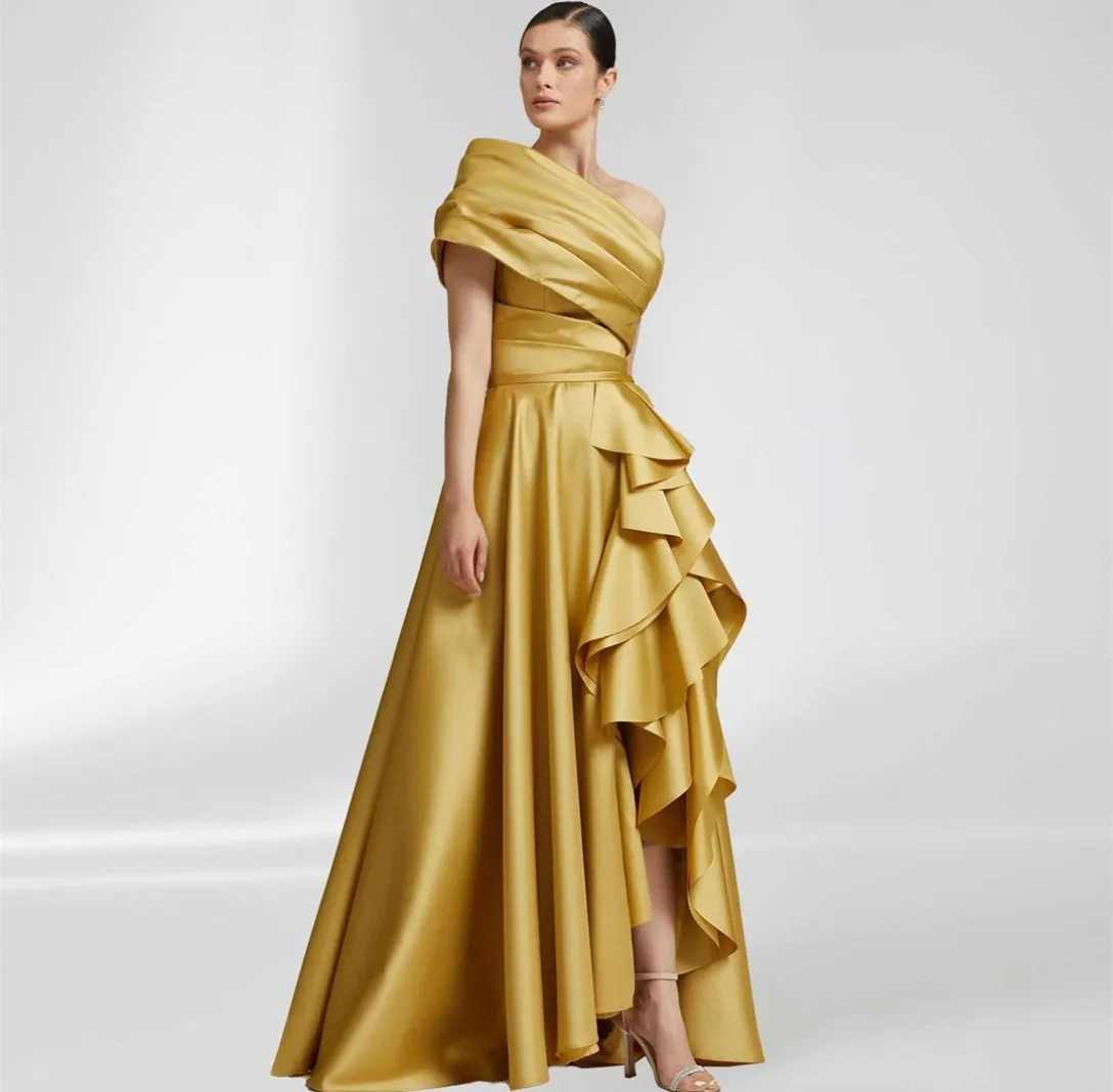 Elegant Long Gold Satin Evening Dresses With Ruffles A-Line One Shoulder Satin Floor Length Wedding Guest Dress for Women