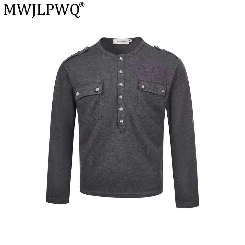 MWJLPWQ Solid Color Metal Buttons Long-Sleeve T-Shirt For Men High Street Fashion Multi-Pocket Workwear Autumn Casual Tops 20190