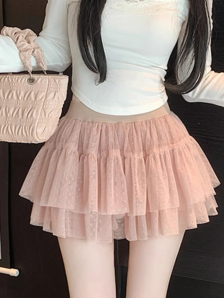 

High Waist Mesh Half Skirt for Women Summer New Style Slimming Pure Color Cake Short Skirt Girls Trendy Elastic Waist A-Line ...