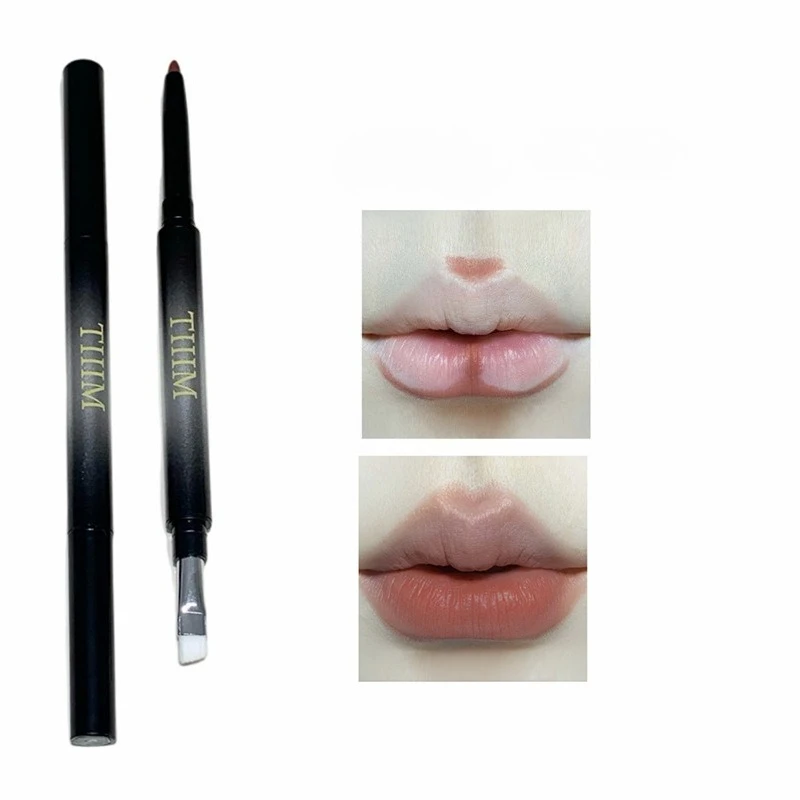 Crayon à lèvres mat 2 en 1 à double extrémité avec brosse à lèvres pigmenté naturel longue durée anti-taches définir les lèvres dodues maquillage de Date quotidienne