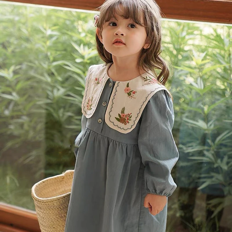 Spring Girl\'s Embroidered Dress Children\'s Clothing Casual Autumn French Style Lapel Embroidered Princess Dresses For Baby Kids