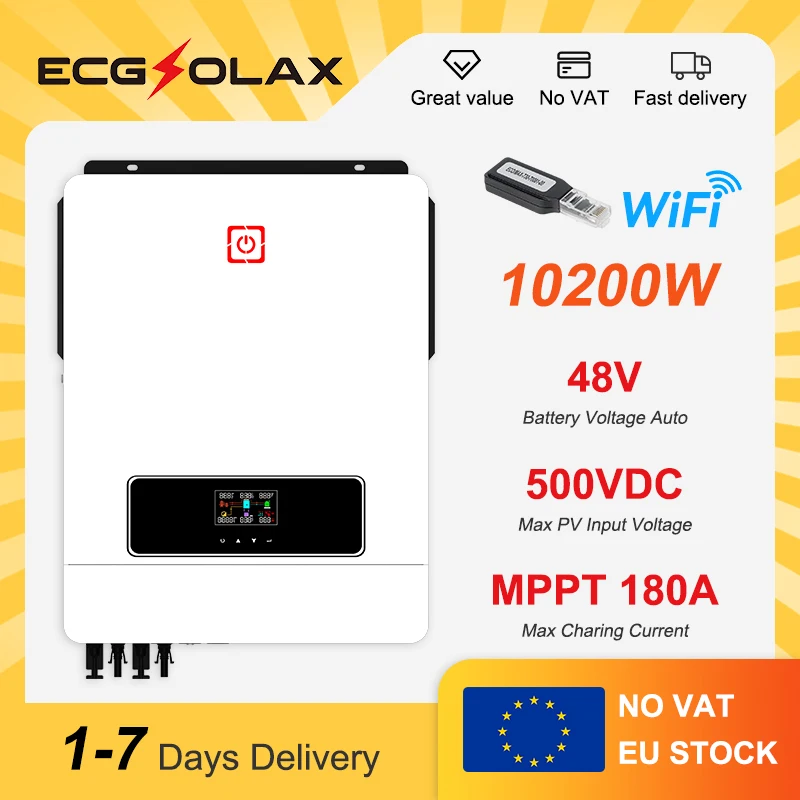 ECGSOLAX 10.2KW 48V عاكس شمسي هجين 230VAC مع وحدة تحكم شحن مزدوجة MPPT 180A PV Max 500VDC عاكس موجة جيبية نقية #1