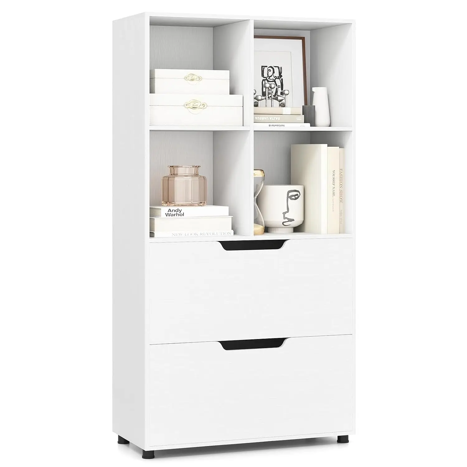 White 4-Cube Bookshelf with 2 Drawers, Farmhouse Storage Organizer for Home Office Bedroom, Wooden Bookcase, Customized