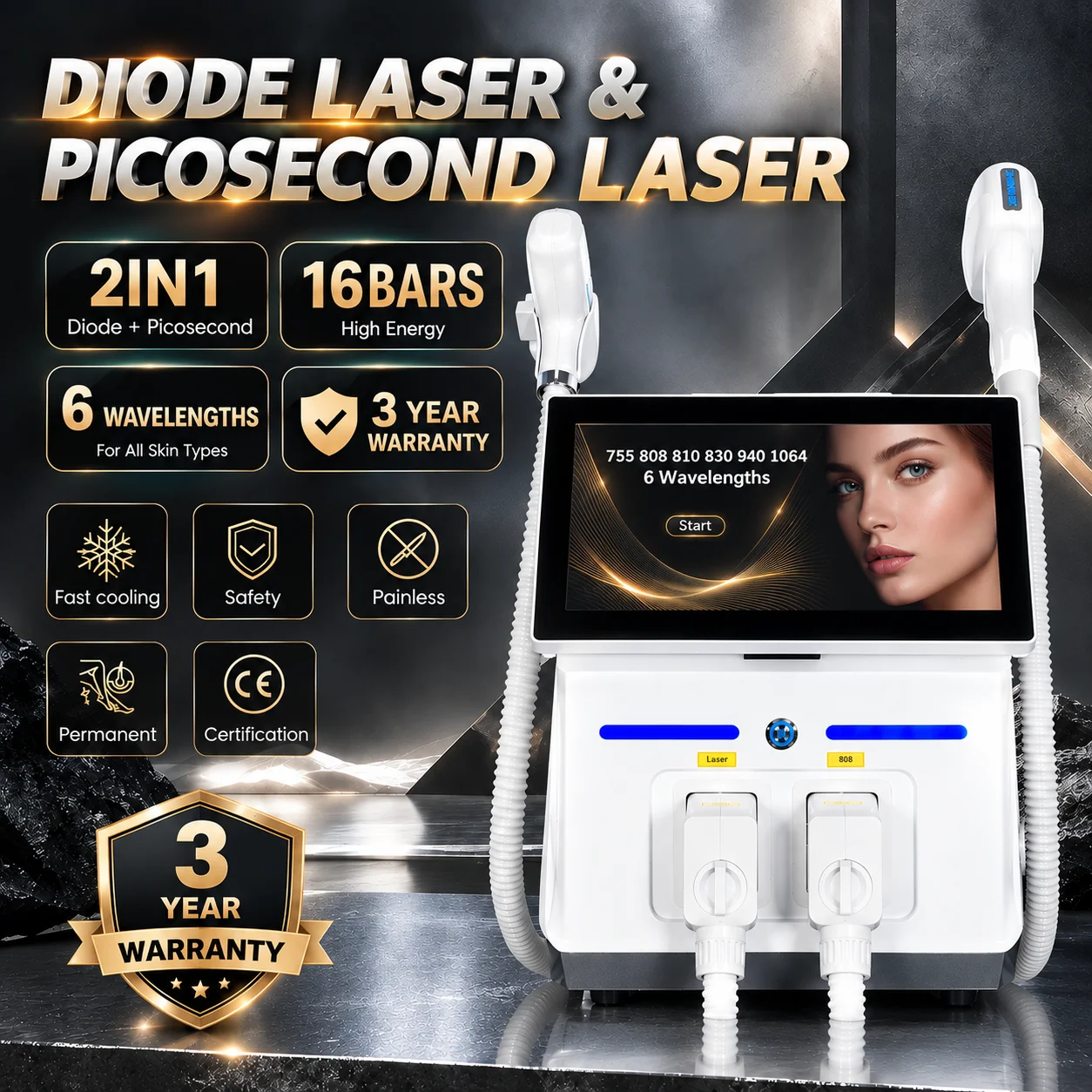 7000W 2IN1 Diode Hair Removal Picosecond Laser FAC Pre-Ignition 6 Wavelength 16BARS TEC Cooling Tattoo Pigment Salon Device