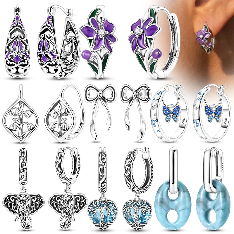 Ohrringe aus 925er-Sterlingsilber, Irisblume, Schmetterling, Baum des Lebens, Vintage-Ohrringe, Creolen für Damen, Hochzeit, Party, Mode, Geschenk