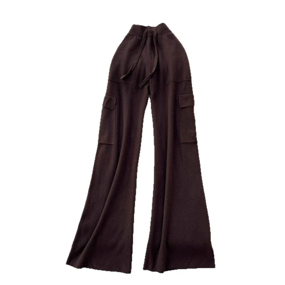 Women Solid Knitted Straight Pants Cargo Capris Drawstring Waist Floor Lenth Pockets Slim Fit Elegant Casual 2025 Autumn Winter