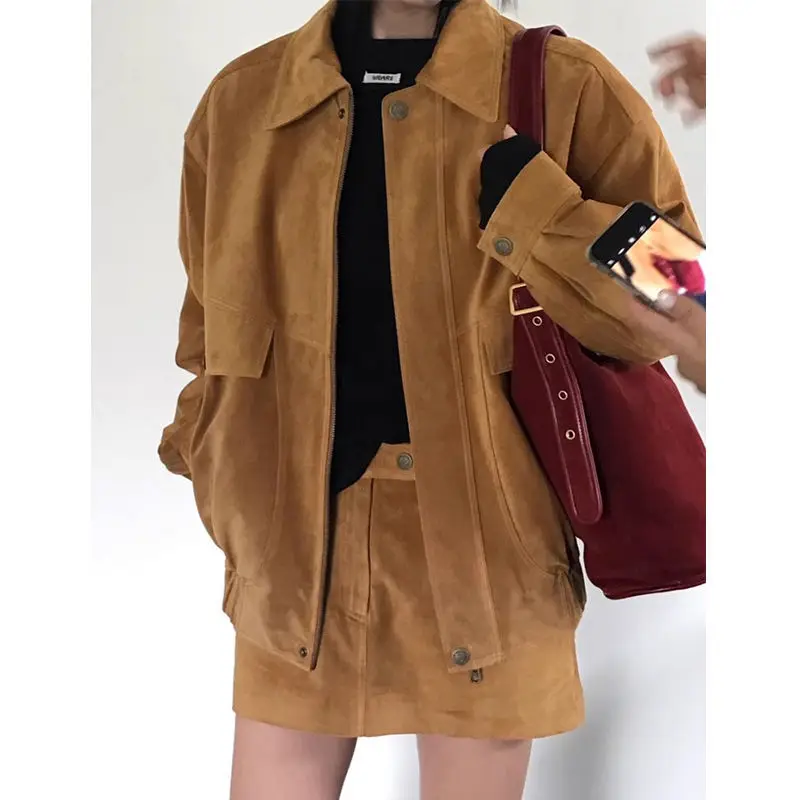 Conjunto de 2 peças para mujer casual retro terno feminino lapela solta jaqueta de manga comprida a linha saia jaqueta de couro feminino