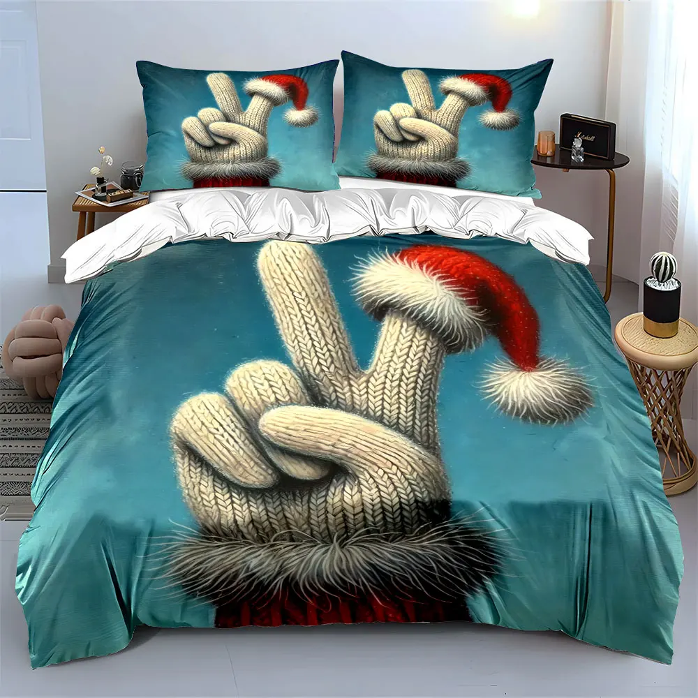 Knitted Glove with Santa Hat Showing a Victory Sign Print Duvet Cover Bedding Set Included 1*Duvet Cover 2*Pillowcases