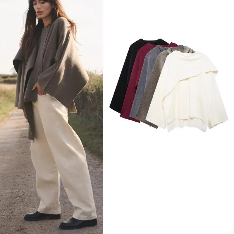 Laid-back Style Scarf-Collar Long Sleeve round Neck Short Knitted Coat Women's Autumn Winter Fashion Streetwear Thick Polyester