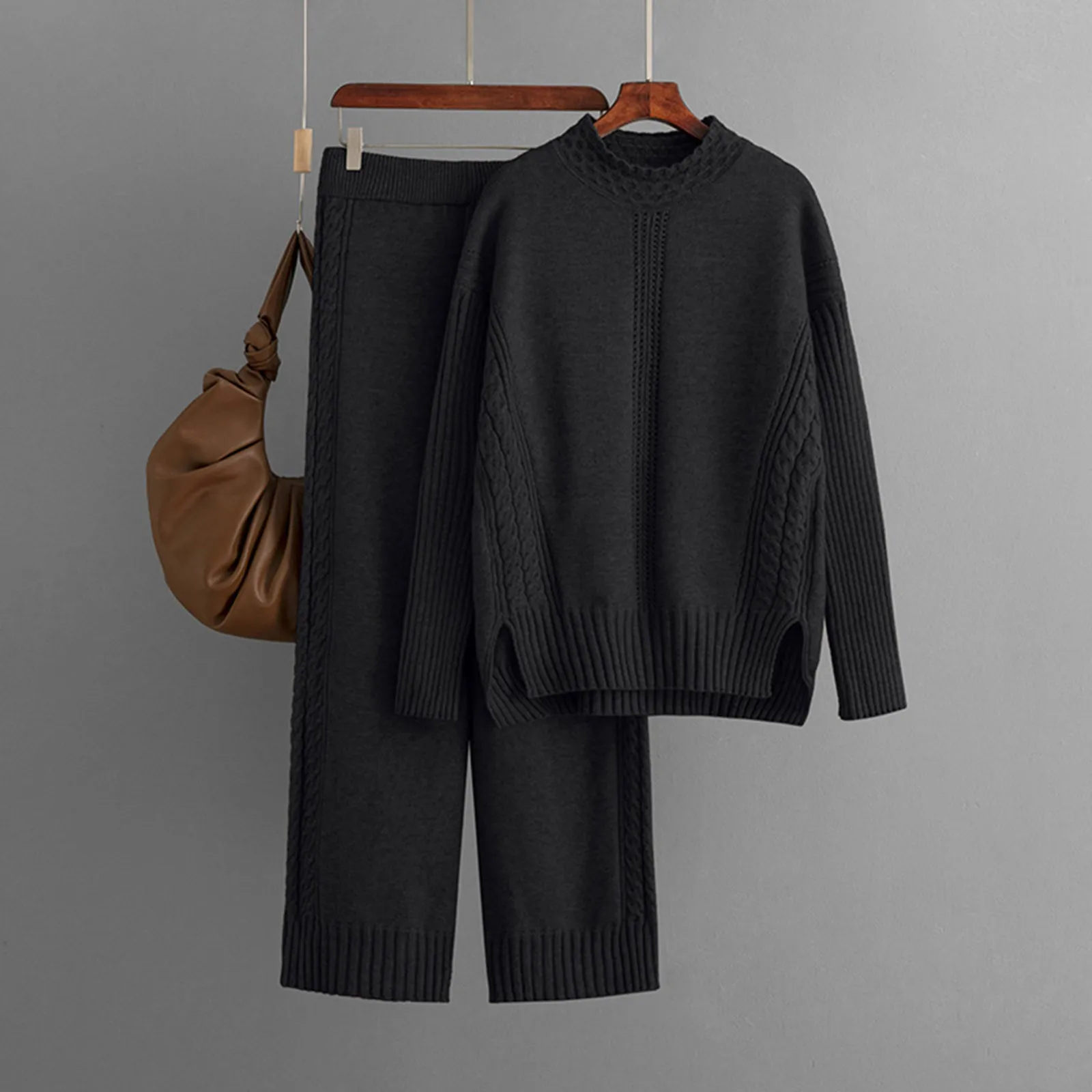 Autumn Winter Women Knitted Sweater Two Piece Outfits Temperament Loose Casual High Neck Top And Wide Leg Pants Sets ﻿