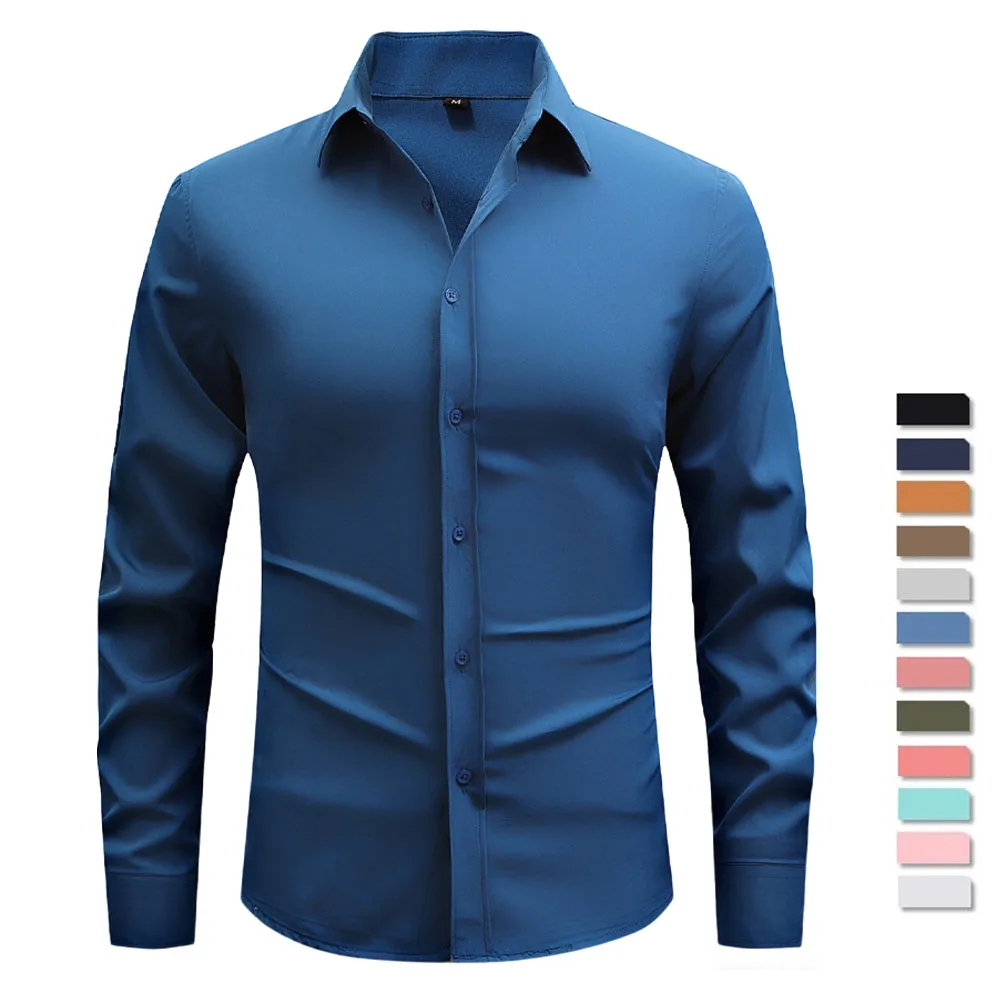 

Polo Shirts Solid Color Business Shirts for Man Comfort Spring Autumn Breathable Long Sleeve Fashion Casual Classic Shirt