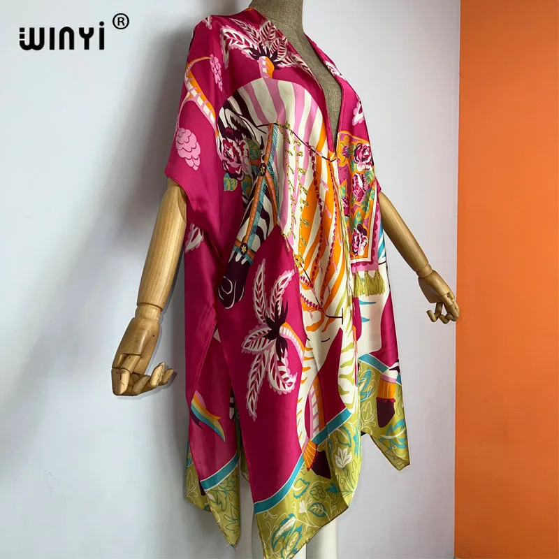 2023 Africa WINYI Plaid printing sweet lady beach Bohemian Cardigan Cover-up stitch Casual Boho Maxi Holiday party short kimono