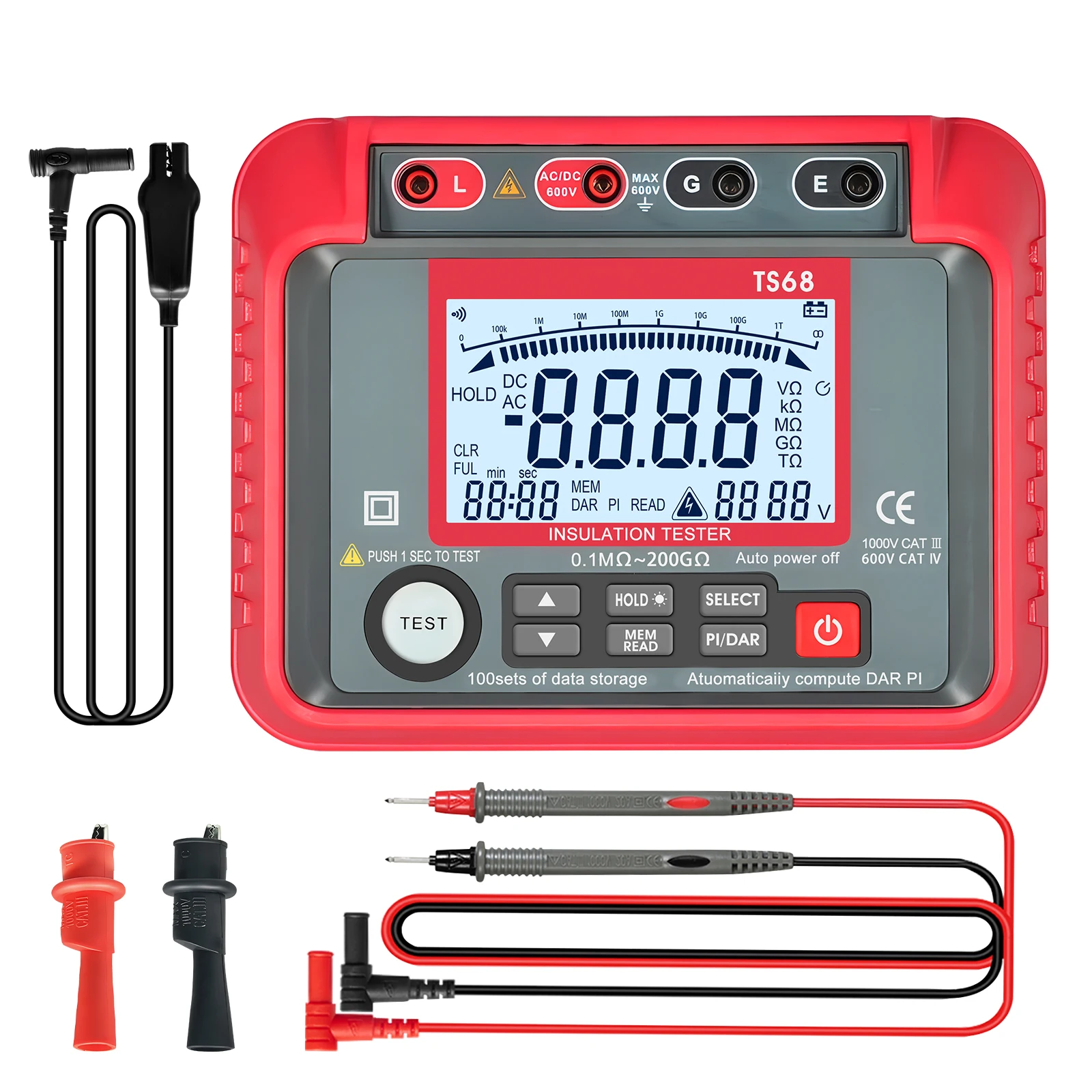 

Insulation Resistance Tester TS68, 1MΩ-200GΩ Resistance Measurement, Megohmmeter with Backlit LCD Display, 100 Data Storage