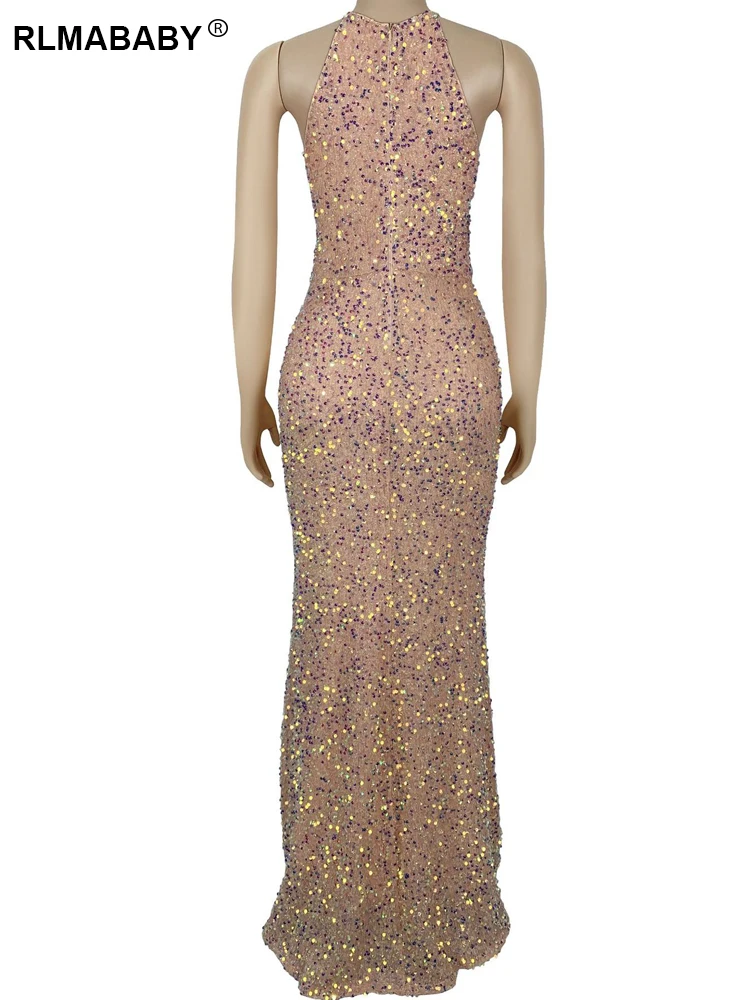 RLMABABY Summer Elegant Women Sequin High Split Maxi Bodycon Dress Sexy Sleeveless Backless Cut Out Party Pink Long Dress
