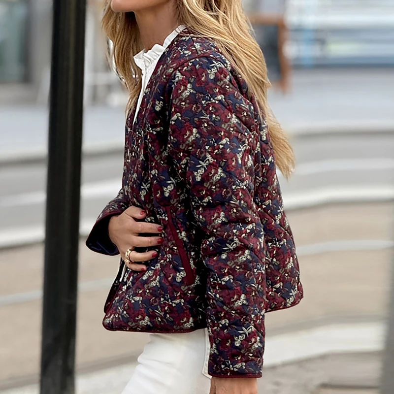 

Vintage Floral Printed Long Sleeved Coat Ladies V-neck Slim Fit Commuting Cotton Jacket New Autumn Winter Warm Short Outerwear