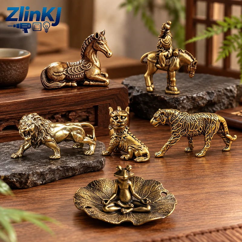 Vintage Solid Brass Mini Figurine, Lion Tiger Horse Qilin Meditating Frog Statue, Desktop Home Office Decor Collectible Ornamen
