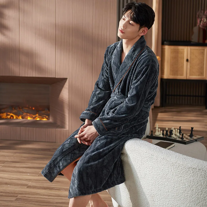 Men Sleepwear Long Robes Winter Flannel Thicken Terry Robe Male Long Sleeve Kimono Warm Bathrobe Home Wear Peignoir Men Robe