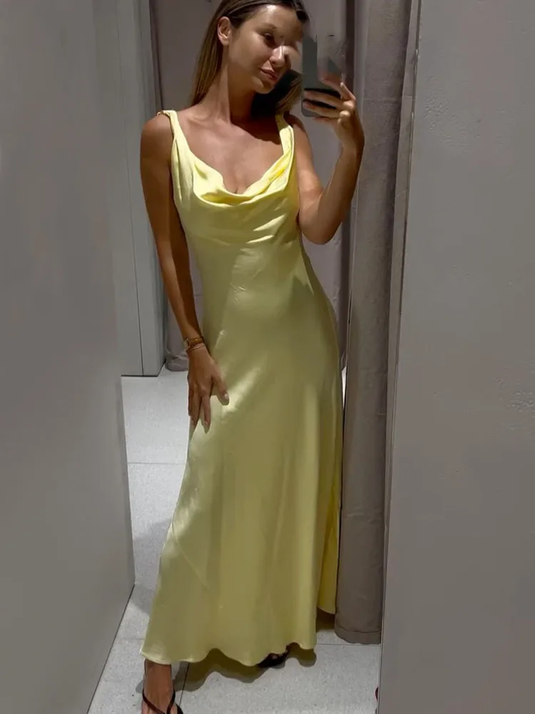 HH レディース 無地 バケーションスタイル サテン風 バックレス Vネック ミディ丈ワンピース 夏 女性 エレガント セクシー レースアップ ストラップドレス