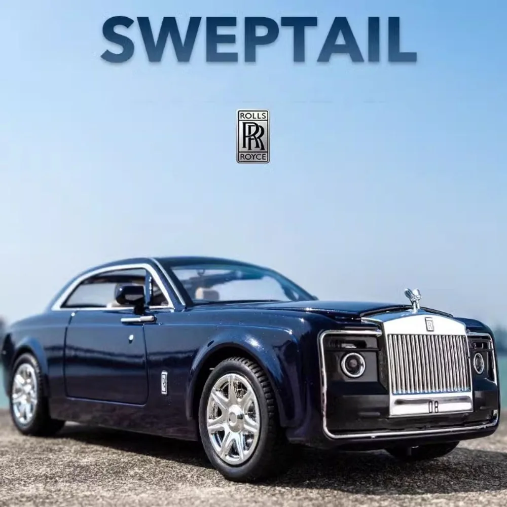 1/24 Rolls Royce Sweptail Toys Model Car Metal Diecast Vehicle 4 Door Opened Rubber Tires Sound Light Pull Back Toy for Kid Gift