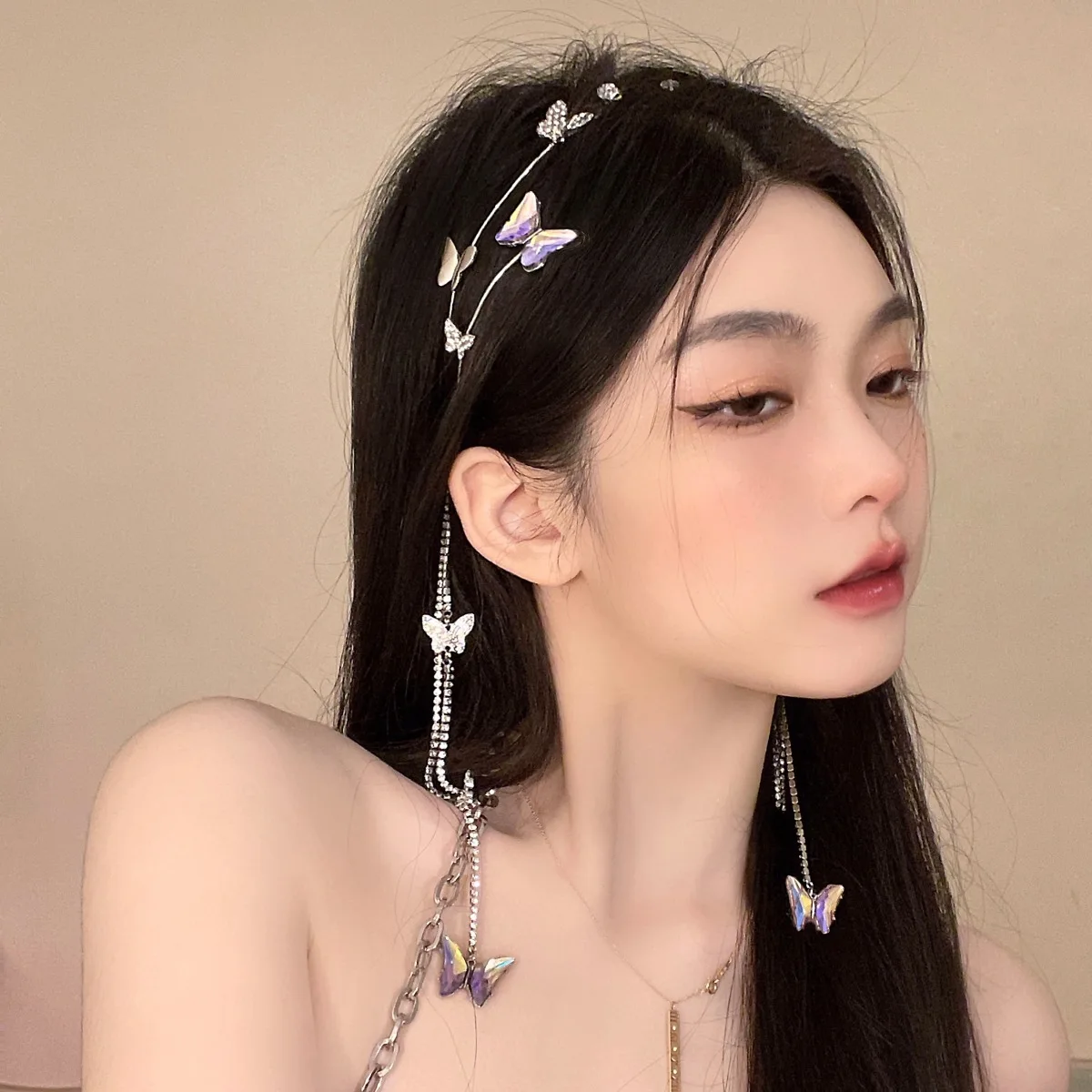 Korean Fashion Kpop Rhinestone Headband Hair Accessories Women Butterfly Crystal Pearl Tassel Dangle Hair Hoop Headdress Jewelry