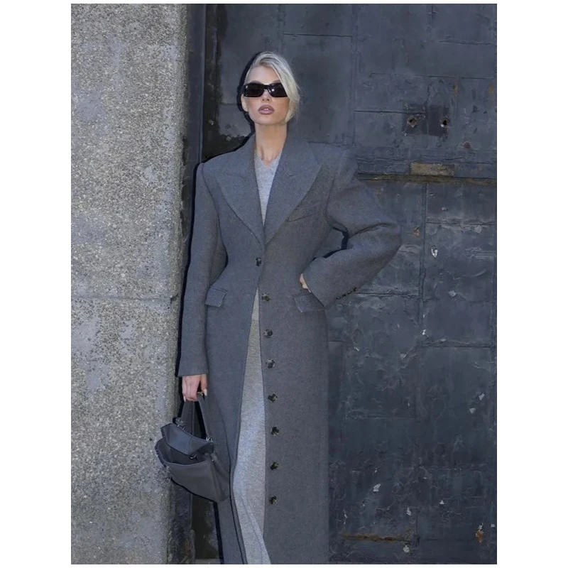 Spring New Sle Long Pure Color Slim Fit Single Button Notch Collar Coat Women's Woolen Outerwear Ele Classic Length