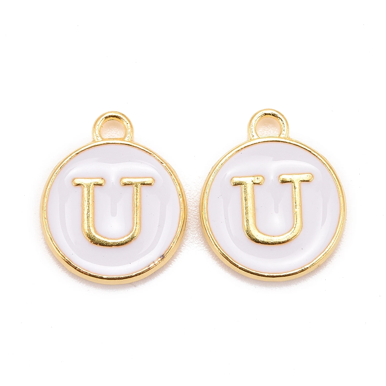 

600pcs Golden Plated Alloy Enamel Charms, Flat Round with Letter, White