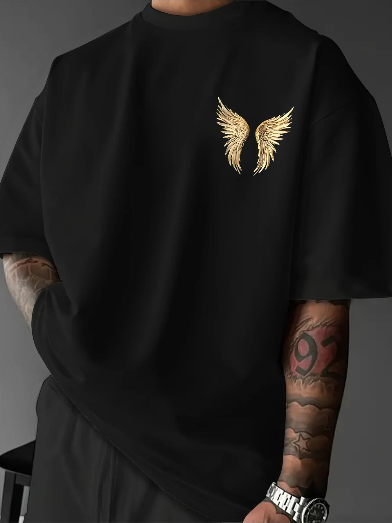 Men's American-style Trendy Streetwear T-shirt Featuring a Delicate Small Golden Wing Print on the Shoulders, with a Large Golden Wing and 