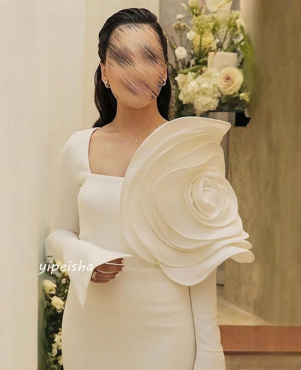 Jiayigong High Quality  Evening Jersey Flower Ruched Valentine's Day A-line Square Neck Bespoke Occasion Gown Midi Dresses