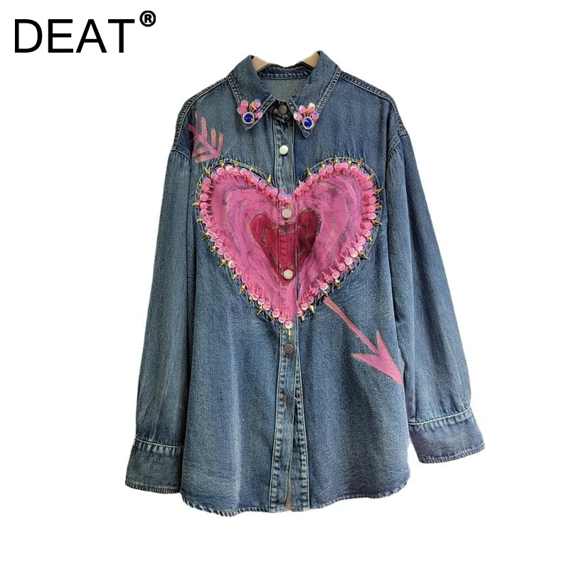 DEAT Women's Shirt Pink Heart Graffiti Rivets Sequins Beading Loose Single Breasted Blouse Spring 2025 New Fashion 29L9545