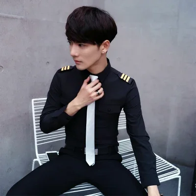 New Arrivals Mens Short Sleeve White Airline Pilot Uniforms Hair Stylist Fashion Slim Fit Black Workwear Big Size Male Clothing