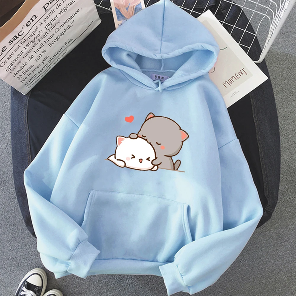 Peach Cat Kawaii Clothing Aesthetic Hoodie 2021 Cute Pink Tops Oversized Sweatshirt Women Cartoon Print Unisex Warm Streetwear