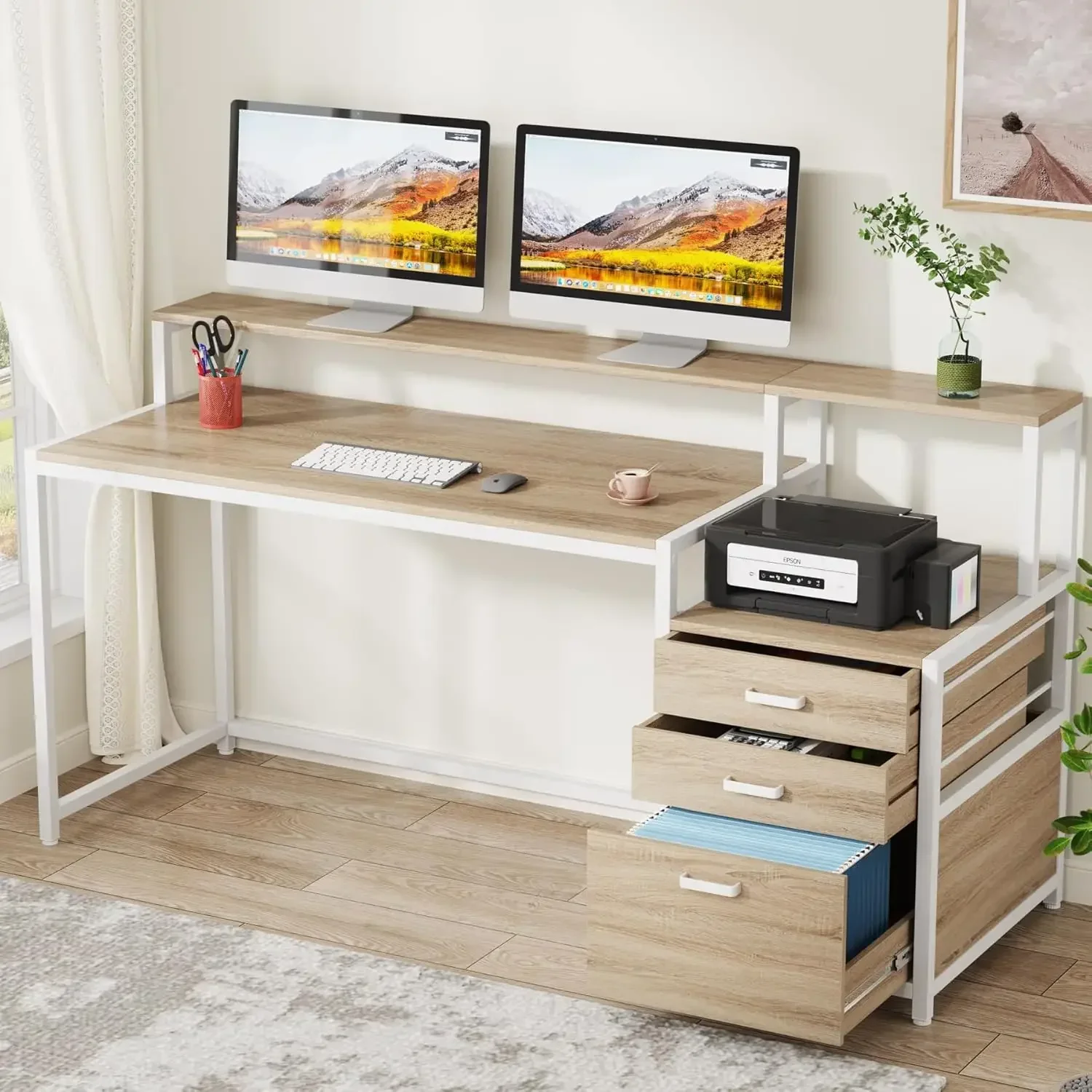 

63 Inch Computer Desk with File Drawer Cabinet, Ergonomic Office Desk with Monitor Stand, Industrial Computer Table