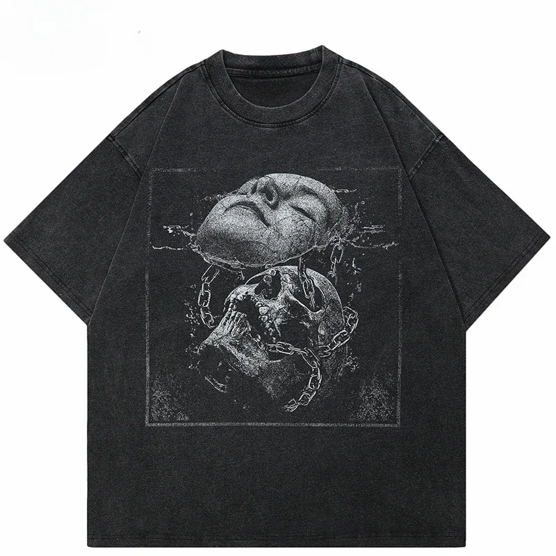 

Промытая футболка в стиле хип-хоп, уличная одежда, мужская футболка в стиле ретро с треснутым лицом и черепом, хлопковая футболка, топы в стиле Харадзюку, футболка унисекс