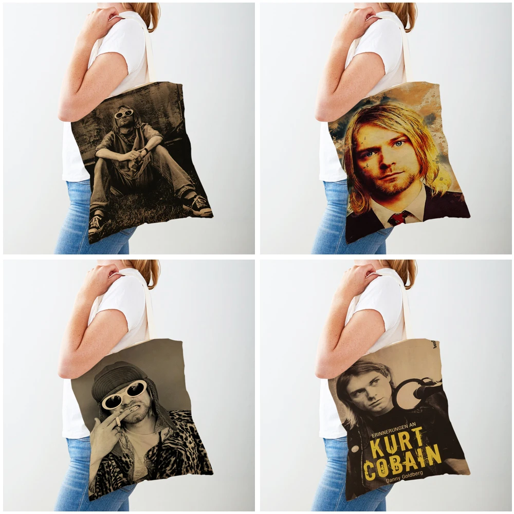 Kurt Cobain Shopping Bags Rock Roll Music Shopper Supermarket Bag Design Women Handbag Eco Portable Convenient Storage Tote