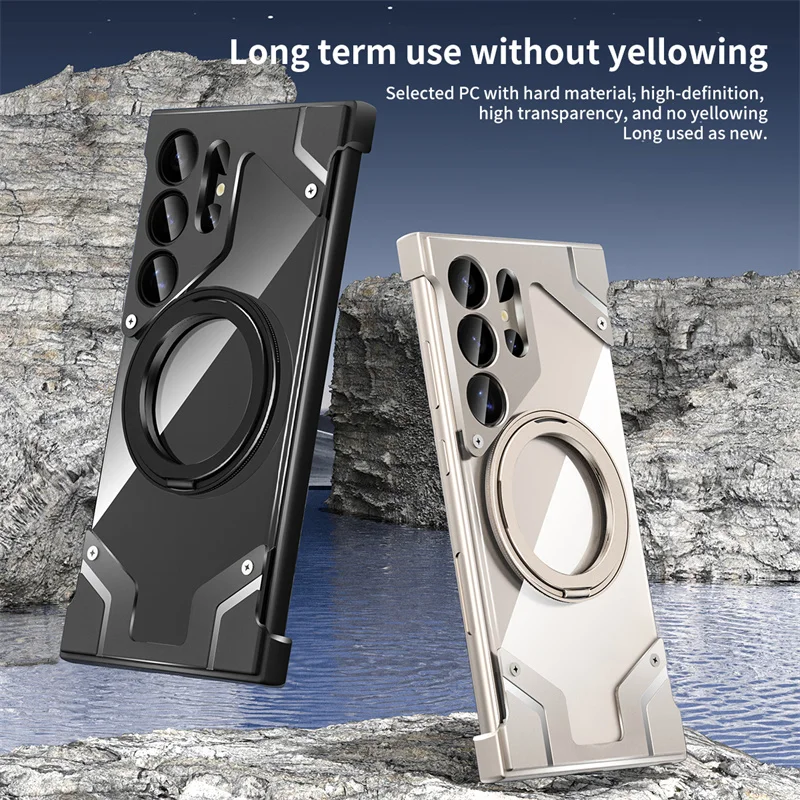 For Samsung Galaxy S24Ultra 360° Rotating Stand Aluminum Alloy Phone Case For Galaxy S22 S23 Ultra Magnetic Clear Backpanel Case