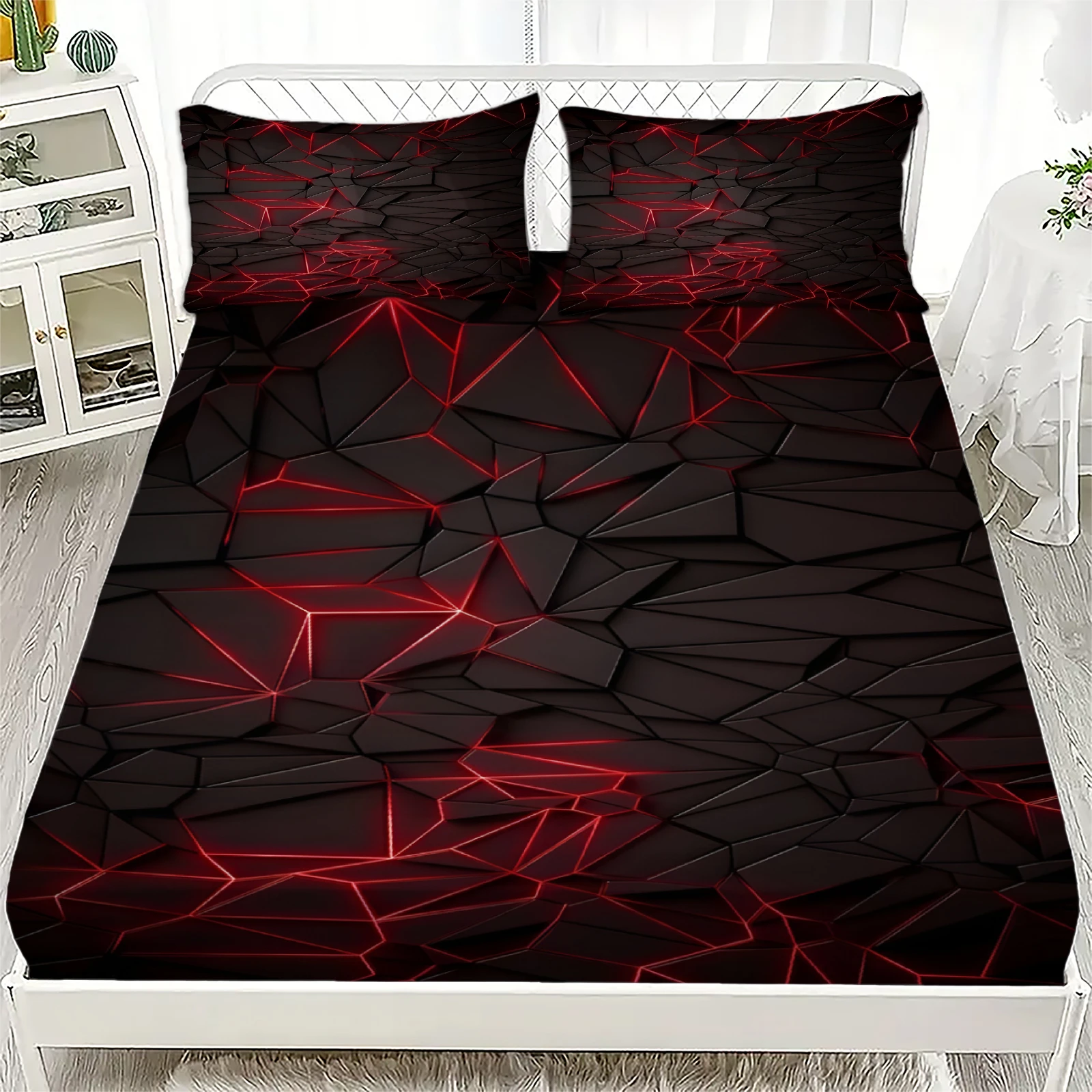 3pcs Fitted Sheet Set Visual Geometry Dizziness Print 100% Polyester Breathable Bedding Set for Home Decor with 2 Pillowcases