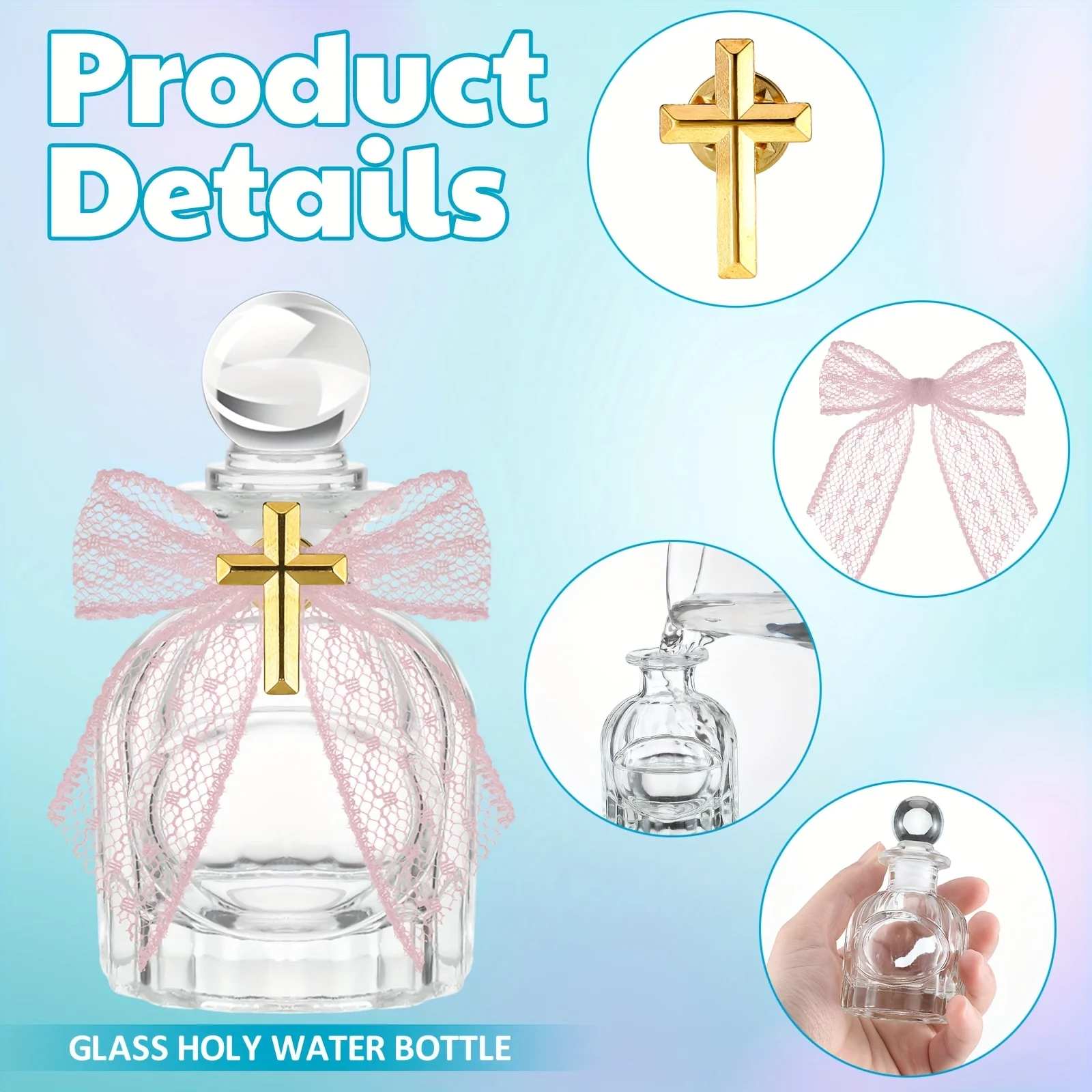 Holy Water Bottles Set – 24 Pink Glass Baptism Favors for Church Events, Communion Gifts, Weddings & Celebrations | Includes Cro