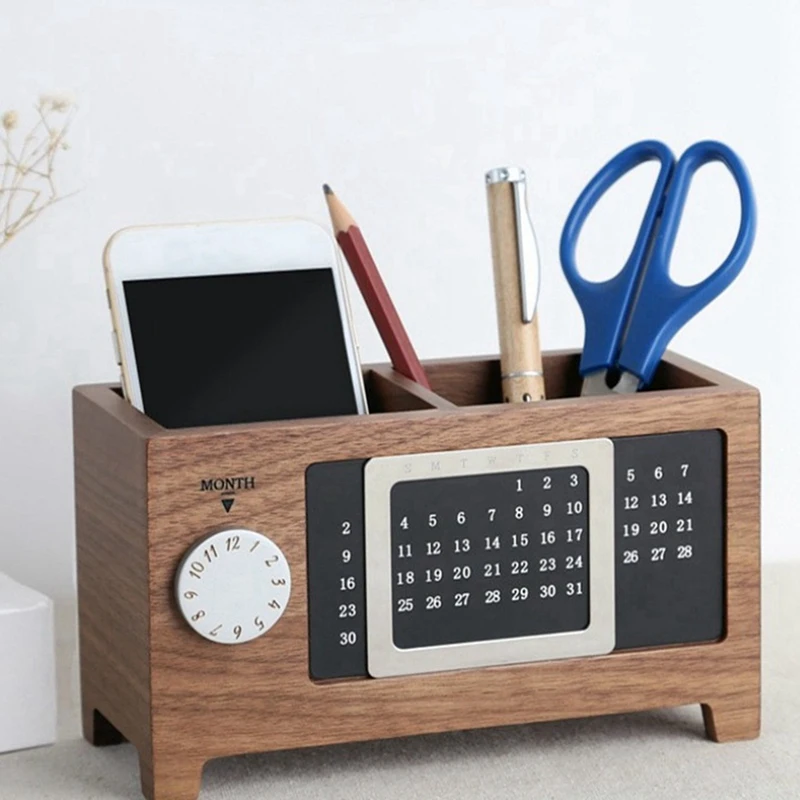 Calendar Pen Holder Multifunctional Desktop Office Storage Box Office Desktop Ornaments Maple Wood Storage Box Easy To Use